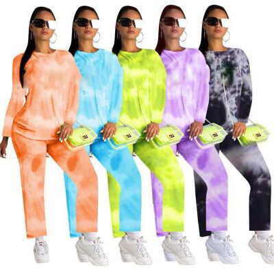 2 Pieces Sports Suit Women’ s Tie-Dye Print Round Neck Long Sleeve T-Shirt and Flared Trousers Tracksuit Casual Sportswear Sets