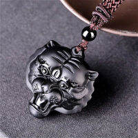 Natural Black Obsidian Tiger Head Pendant Beads Necklace Fashion Charm Jewellery Hand-Carved Amulet Gifts for Her Women Men