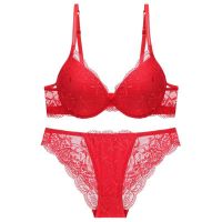 Spot parcel post Factory Wholesale European and American Hot Deep V Womens Underwear Red Sexy Lace Breathable Comfortable Set