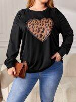 Yuisle Womens Casual Ladies Comfort Plus Size Sweatshirt Plus Heart &amp; Leopard Print Raglan Sleeve Pullover Leisure Perfect Comfortable Eye-catching (Color : Black, Size : X-Large)