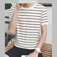 เสื้อยืดแนวโน้มบางพอดีใหม่สำหรับผู้ชาย SEATUEMA ฤดูร้อนลายทางแขนสั้น