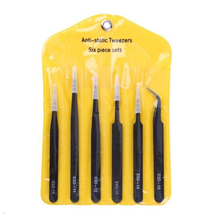 6pcs-set-esd-curved-fine-tip-anti-static-tweezers-set-stainless-steel-multifunction-tweezer-repairing-hand-tools-for-card-making