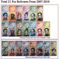 ❐✇ Venezuela Full Set 21 PCS 2- 500 Soberanos amp; 2-100000 Bolivares 2007-2018 UNC Original Notes