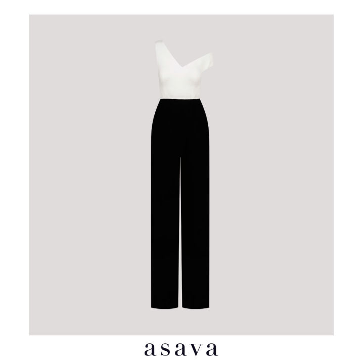 asava-aw22-violetta-slant-neck-jumpsuit-ชุดจั๊มสูท-แขนกุด-คอปาดไหล่เบี่ยง-ตัดต่อกางเกงเอวสูง-ขายาว-ตกแต่งผ้าป้ายด้านหน้า