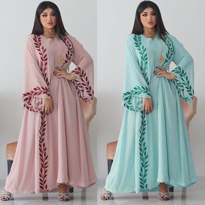 Dubai Arab Oman Elegant Chiffon Dress for Women Muslim Solid Color Long Sleeve Islamic Clothing Abaya with Babushka Scarf