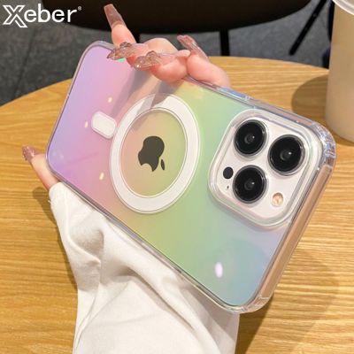 Transparent Gradient Rainbow Laser Phone Case For iPhone 14 Pro Max Plus 13 12 11 For Magsafe Magnetic Wireless Charging Cover