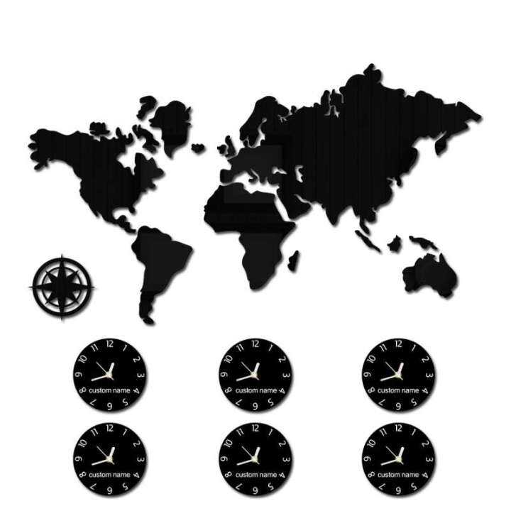 World Map Large Wall Clock New York London Tokyo เขตเวลาส่วนตัวไม่มี