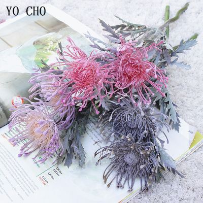 【CC】 YO CHO Artificial Leucospermum Wedding Decoration Short Branch flower 2 Fork Pin Cushion Fake
