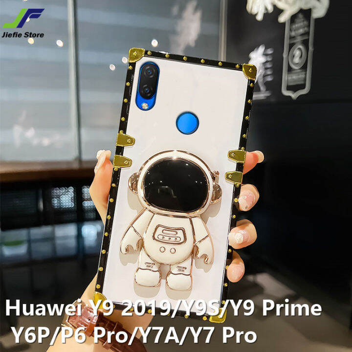 jiefie-น่ารักนักบินอวกาศสำหรับ-huawei-y9-2019-y9s-y9-prime-y6p-y6-pro-y7-pro-y7a-luxury-สีสัน-glossy-สแควร์-tpu-พร้อมพับขาตั้ง