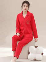 geegostudio Simple Red Pajama Set For Chinese Lunar New Year, Long Sleeve Blouse Top &amp; Elastic Waistband Pants, Womens Sleepwear &amp; Loungewear