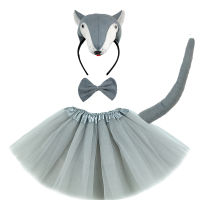 Kids Child Girl Animal Grey Wolf Costume for Party Fancy Dress - Headband Tail Tie Skirt Cosplay Halloween Carnival Birthday