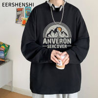 EERSHENSHI เสื้อสเวตเตอร์บางของผู้ชายคอกลมทรงหลวมไซส์ใหญ่พิเศษวินเทจลายพิมพ์แขนยาวสเวตเตอร์บางใส่เป็นคู่ลำลอง