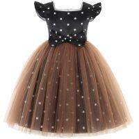 【jeansame dress】2022 NewNew Girls 39;Polka Dot Print Children 39; SMesh Small Fly Sleeve Bow Party Dress