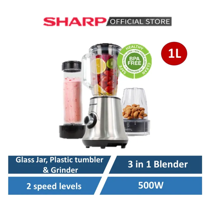 SHARP 3-in-1 500W Blender EM-100PM-ST - 1litre Glass Jar , Grinder and BPA free 600ml Tumbler