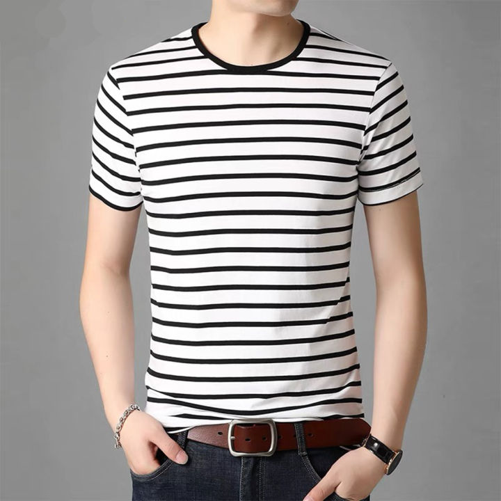 Topph unisex Korean black and white stripe long sleeve shirt cotton 