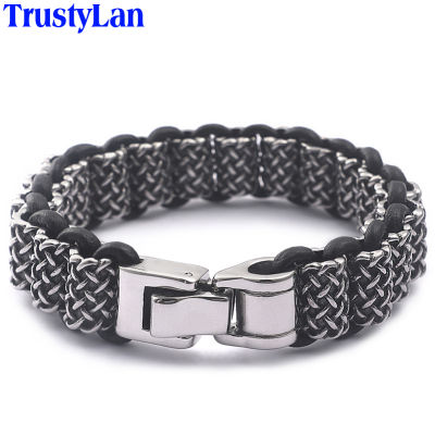 TrustyLan Retro Hiphop Rock Solid Heavy 316L Stainless Steel Mens Thick Chain Leather Bracelets For Men Gothic Bracelets 8.7