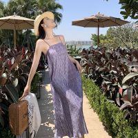 Purple fold strap dress female summer new niche senior feeling temperament cultivate ones morality show thin skirt for a holiday