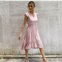 New Fashion Casual Womens Summer V-Neck Dress Pink Green Sleeveless Ruffled Hollow Out Elegant Knee-Length Dress