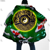 Japan Beautiful Koi Fish Yin Yang 3D Printed Hoodie Long Duffle Topcoat Hooded Blanket Cloak Thick Jacket Cotton Cashmere Fleece