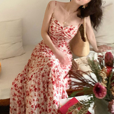 2023 French R Blooming A- line Low Waist Sexy Backless Spaghetti Straps Long Dress Summer Floral Dress for Women