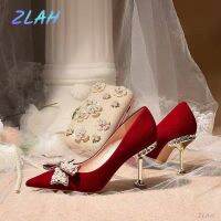 รองเท้าส้นเตี้ยรองเท้างานแต่งงานสำหรับผู้หญิงหรูหราโบว์คริสตัล High Heels Merah Zlah แฟชั่นใหม่สำหรับปาร์ตี้ฤดูใบไม้ผลิและฤดูร้อน