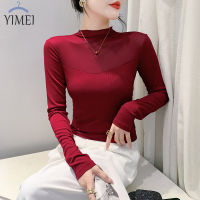 YIMEI เสื้อตาข่ายฉลุลายสำหรับผู้หญิง,เสื้อฤดูใบไม้ผลิแขนยาวเปิดไหล่ครึ่งคอทรงสูงเสื้อยืดผ้าฝ้ายแฟชั่นของผู้หญิง2023ฤดูใบไม้ร่วง