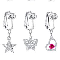 ；【‘；- Wholesale Fake Belly Ring Dangling Navel Rings Women Heart Moon Flower CZ Dangle Clip On Belly Button Rings Non Piercing Jewelry