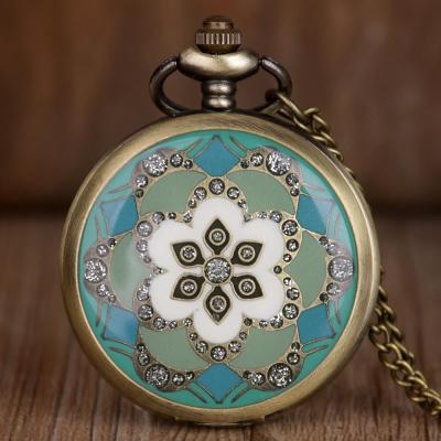 นาฬิกาควอตซ์ชายหญิง Fob จอแสดงดอกไม้สีบรอนซ์นาฬิกาพกของขวัญที่ดีที่สุดสำหรับสุภาพสตรีพร้อมโซ่