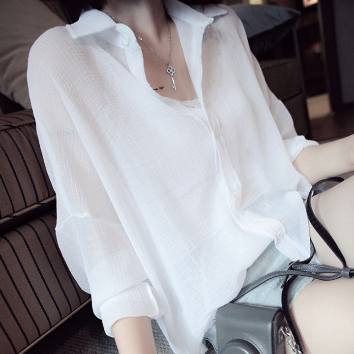 s-3xl-เสื้อบางสไตล์เกาหลีสำหรับผู้หญิงเสื้อลำลองด้านนอกผ้าชีฟองกับเสื้อหลวงขนาดใหญ่