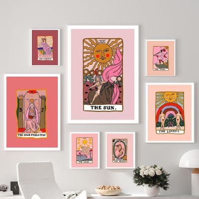 Nordic Abstract Lovers Tarot Wall Art ภาพวาดผ้าใบ Sun Empress Priestess โปสเตอร์พิมพ์ห้องนั่งเล่นตกแต่งบ้าน