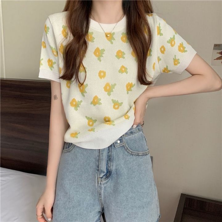 summer-knitted-t-shirt-for-women-flowers-fashion-small-fresh-casual-simple-retro-feme-o-neck-korean-short-top-v728