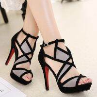 {shoe shop}2022รองเท้าแตะสถานียุโรป Flock Buckle Strap Color Matching Hollow Thin Heels 11CM Women Shoes