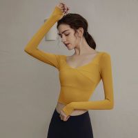 [COD] with chest pad womens autumn and winter fashion slim fit tight running long-sleeved sports top professional fitness