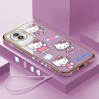 Case4you สำหรับ Vivo Y02T Y02A ฟรีสายคล้องการ์ตูนน่ารัก Kity Cat ขอบสี่เหลี่ยม Pattern Casing Plated เคสโทรศัพท์สุดหรูชุบเคลือบเคสโทรศัพท์นิ่ม