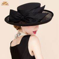 New British Elegance Flax Hat Lady Wide Brim Ebony Curling Linen Black Hat Female Bowtie Church Hat Make Up Party Wear B-8173