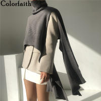 Colorfaith 2021 New Autumn Winter Women Sweater Sleeveless Vest Waistcoat Turtleneck Irregular Cloak Knitted Short Tops SWV3638