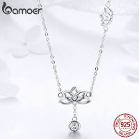 BAMOER Elegant 100 925 Sterling Silver Lotus Flower Pendant Necklaces for Women Clear Cubic Zircon Necklaces Jewelry BSN012