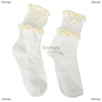Snoopy ถุงเท้ายาวครึ่งน่องสำหรับผู้หญิง1คู่ถุงเท้าผ้าฝ้ายบางๆลายผูกโบว์ JK Lolita ถุงเท้าแฟชั่นลูกไม้ระบายอากาศน่ารัก