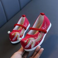 Chinese Hanfu Baby Girls Dance Shoes Vintage Retro Birds Embroidery Pearl Flats Kids Shoes Cotton Stage Shoes Children