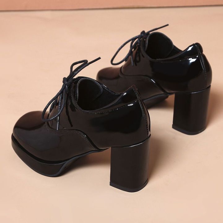 bluescola-รองเท้าหนังสีดำส้นสูงสำหรับผู้หญิง-sepatu-boot-pendek-รองเท้าบูทมาร์ตินผูกเชือกพื้นรองเท้าหนากันน้ำ