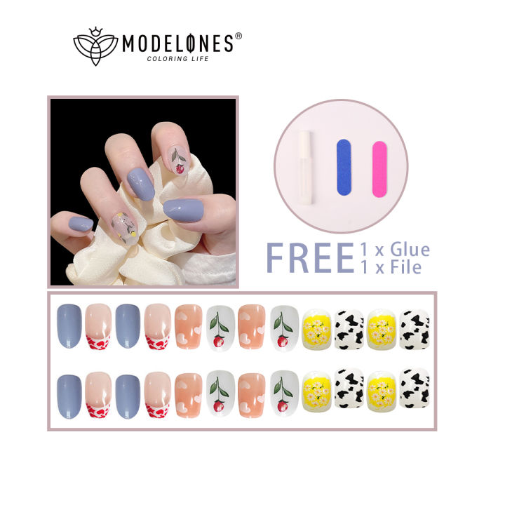 Buy 1 Get 1 Free Modelones Fake Nails With Glue Press On Nail Short Fake  Nails With Design Artificial Nails Nail Art Nails Set 24pcs 