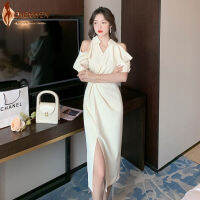 CHENWEN Elegant Office ชุดสตรี Chic Casual Hollow แขนสั้น Tangle Up พับแยกเซ็กซี่ชุดปาร์ตี้ Street Femme Midi Dress