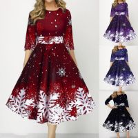 【Ready】 O-Neck 3/4 Sleeves Waist Tight High-Waist Christmas Dress Xmas Snowflake Print Large Hem A-Line Midi Dress 105