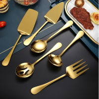 ขนาดใหญ่ให้บริการ Flatware เครื่องเงินสแตนเลสโกลเด้นบริการช้อนบนโต๊ะอาหารสาธารณะทัพพีซุปพลั่วกรองส้อมเนื้อเย็น