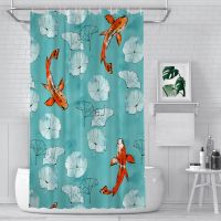 Waterlily Koi In Turquoise Shower Curtains  Waterproof Fabric Funny Bathroom Decor with Hooks Home Accessories