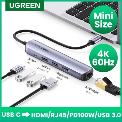 UGREEN USB C ฮับ USB ขนาดเล็ก USB ชนิด C 3.1ถึง4K อะแดปเตอร์3.0 RJ45 HDMI USB USB C Dock สำหรับ MacBook Pro MacBook Air 2020 PC แท่น USB