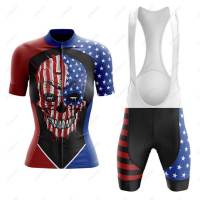 Womens New Cool USA Skull Cycling Jersey Set Short Sleeve Cycling Clothing Road MTB Bicycle Shirts Maillot Ciclismo Mujer