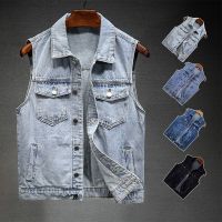 HOT14★New Style Mens Sleeveless Denim Jacket Spring And Autumn Slim Lapel Can Shoulder Vest Sports Cal Denim Waistcoat