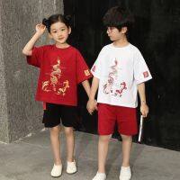 เด็ก3-15Year CNY จีนปีใหม่มังกรเสื้อแขนสั้นกางเกงสูทชายหญิงสไตล์จีนเด็กชุด