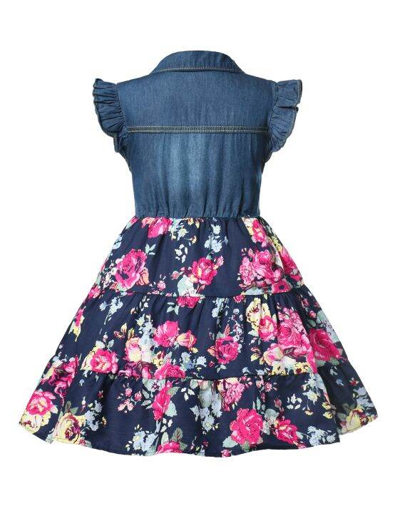 bohemian-style-girls-summer-clothing-dress-denim-bodice-floral-frock-children-chic-belted-robe-a-line-french-fille-robe-casuals